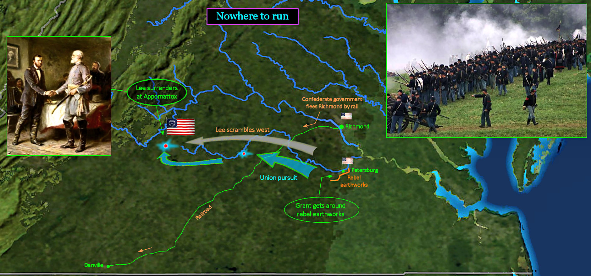 Lee surrenders at Appomattox, 1865 map